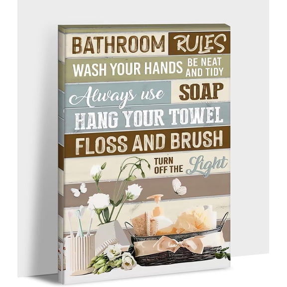 Farmhouse Bathroom Decor Wall Art -Funny Bathroom Sign Canvas Print Picture For Rustic Home Decor, Rustic Style Painting, Framed Poster Flower Artwork For Country Bathroom Wall Decoration 12x18 Inches