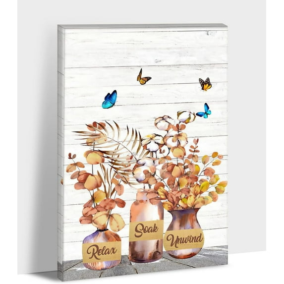 Farmhouse Bathroom Decor Wall Art - Gold Leaf Sign Canvas Print Pictures For Rustic Home Decor, Rustic Style Painting, Framed Poster Butterfly Artwork For Country Bathroom Wall Decoration 12x18