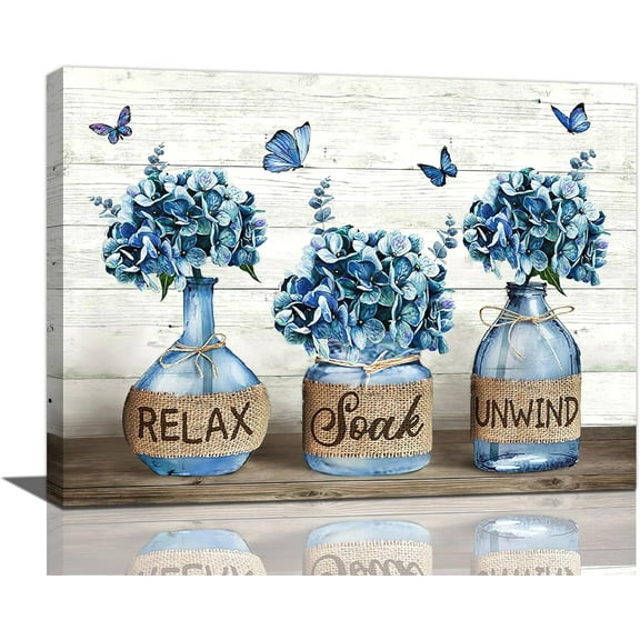 Farmhouse Bathroom Decor Wall Art Navy Blue Hydrangea Flower Bathroom Pictures Canvas Prints Country Relax Soak Unwind Sign Artwork Modern Home Decor for Bathroom Framed Ready to Hang 12"x16"