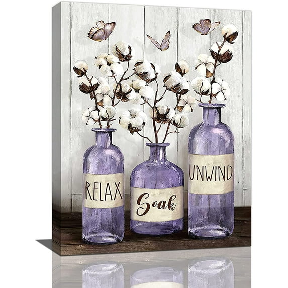 Farmhouse Bathroom Decor Wall Art Purple Bathroom Pictures for Wall Rustic Country Bathroom Canvas Prints Relax Soak Unwind Signs Cotton Painting Modern Home Bathroom Decoration Artwork 12"x16"