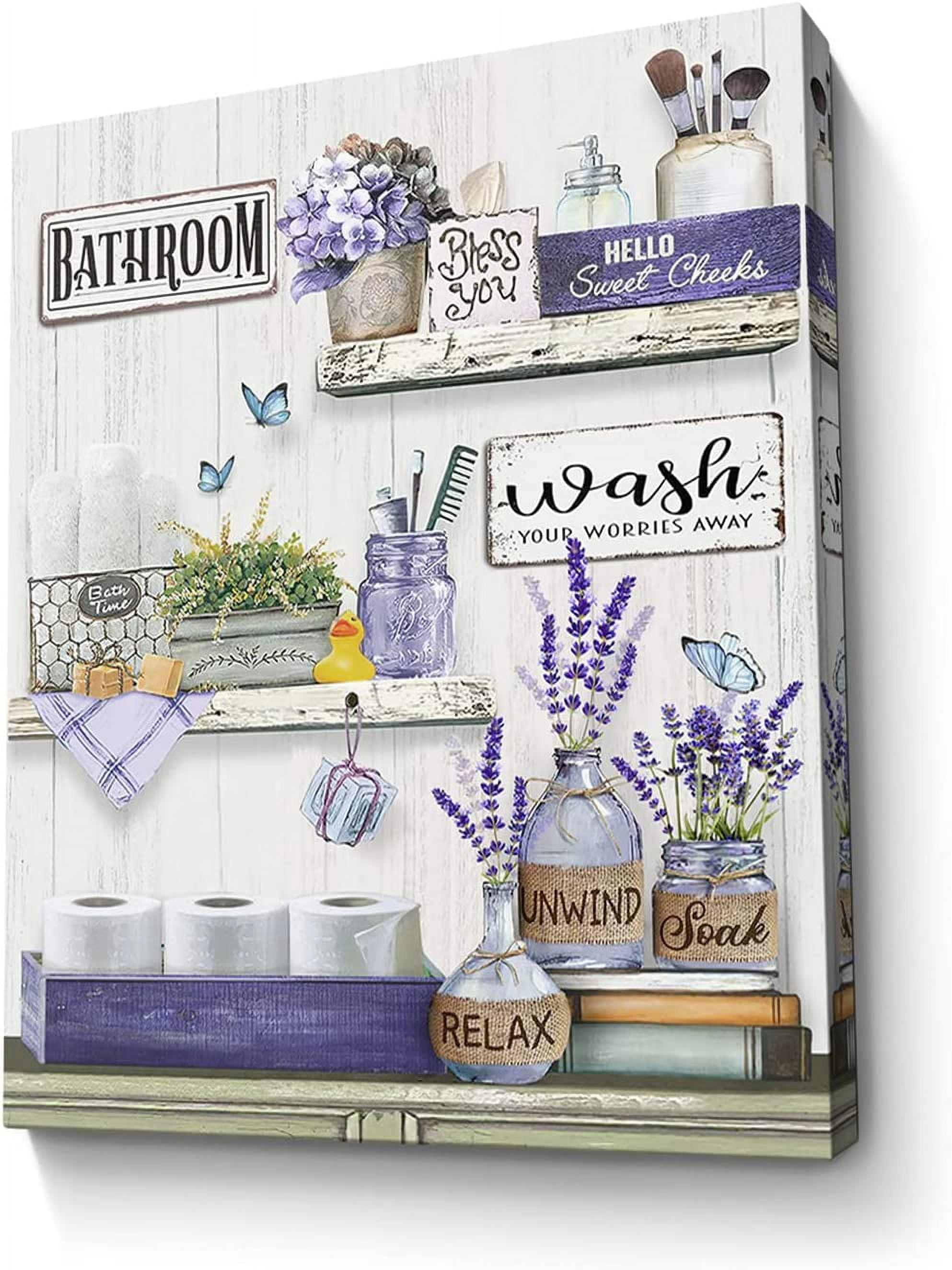 Farmhouse Bathroom Decor Wall Art Purple Lavender Bathroom Rustic Picture Country Wall Decor Painting Framed Modern Artwork for Bedroom Bathroom Office Home Decor 12x16 inch