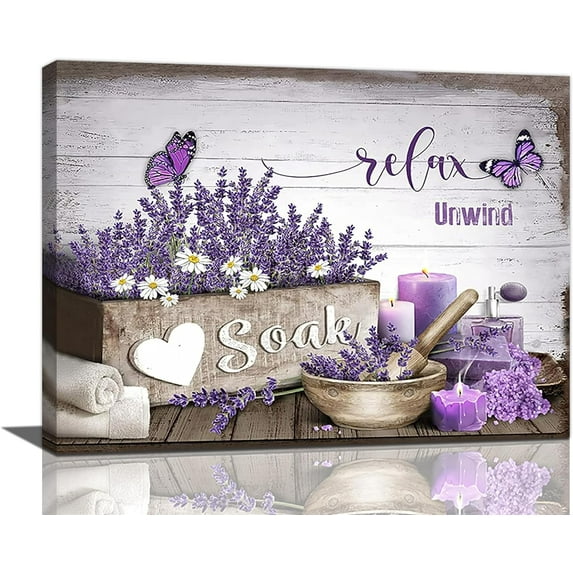 Farmhouse Bathroom Decor Wall Art Purple Lavender Picture Wall Decor Relax Soak Unwind Bathroom Sign Canvas Painting Prints Artwork Home Decorations Framed for Bedroom 12inx16in