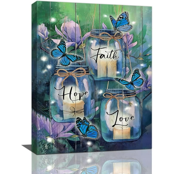 Farmhouse Bathroom Decor Wall Art Rustic Blue Butterfly Firefly Bottle Flower Pictures Wall Decor Faith Hope Love Sign Canvas Painting Prints Artwork Decorations Framed for Kitchen Bedroom 12"x16"