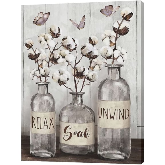 Farmhouse Bathroom Decor Wall Art Rustic Cotton Grey Jar Bathroom Pictures for Wall Country Bathroom Canvas Prints Relax Soak Unwind Signs Painting Modern Artwork Home Decor for Bathroom 12"x16"
