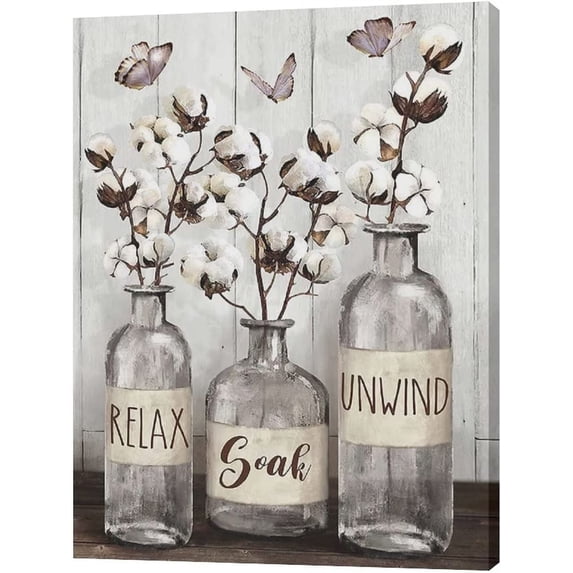 Farmhouse Bathroom Decor Wall Art Rustic Cotton Grey Jar Bathroom Pictures for Wall Country Bathroom Canvas Prints Relax Soak Unwind Signs Painting Modern Artwork Home Decor for Bathroom 12"x16"