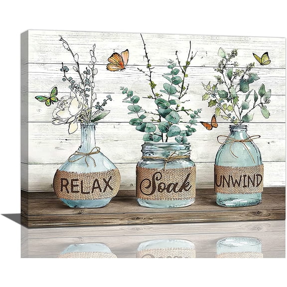 Farmhouse Bathroom Decor Wall Art - Rustic Cotton Mason Jar Canvas Print, Relax Soak Unwind Sign, Country Style Bathroom Pictures, Modern Home Decor for Bathroom, Laundry Room & Bedroom, Framed & Rea