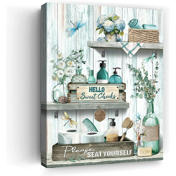 Farmhouse Bathroom Decor Wall Art Rustic Dragonfly And Flower Canvas Wall Decor Green Botanical Bathroom Signs Pictures Painting Prints Country Framed Artwork For Bathroom Home Decorations 12"X16"