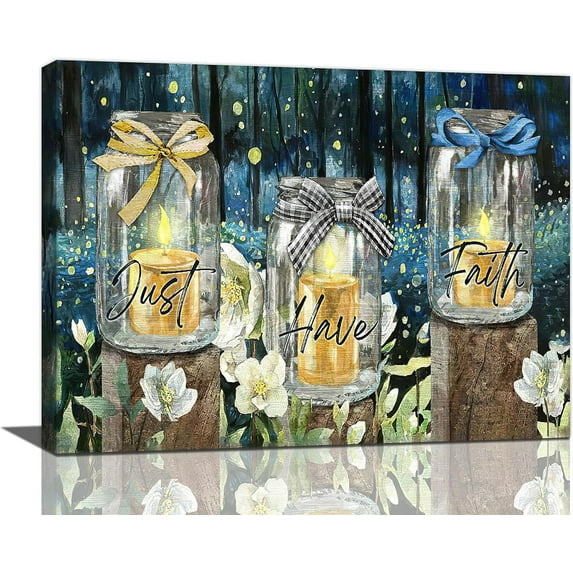 Farmhouse Bathroom Decor Wall Art Rustic Firefly Bottle Forest Night Flower Pictures Wall Decor Just Have Faith Sign Canvas Painting Prints Artwork Decorations Framed for Kitchen Bedroom 16"x12"