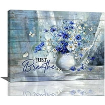 Farmhouse Bathroom Decor Wall Art Rustic Floral Butterfly Pictures Just Breathe Flower Canvas Painting Blue Framed Artwork for Living Room Bedroom Kitchen 16''''x12''''