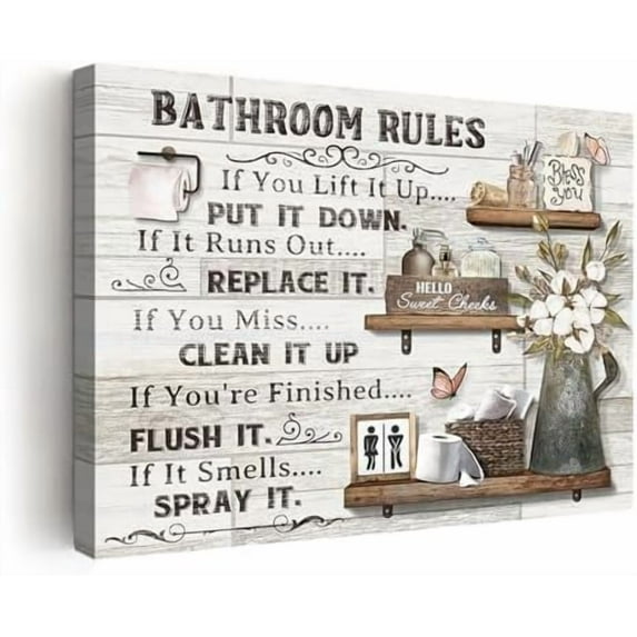 Farmhouse Bathroom Decor Wall Art Rustic Flower and Butterfly Bathroom Pictures Canvas Print Bathroom Wall Decor Country Bathroom Rules Bathroom Wall Art Framed Ready To Hang 12"x16"