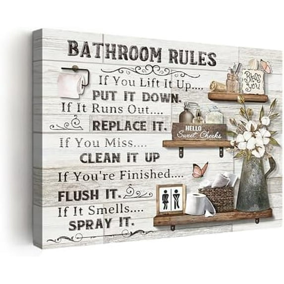 Farmhouse Bathroom Decor Wall Art Rustic Flower and Butterfly Bathroom Pictures Canvas Print Bathroom Wall Decor Country Bathroom Rules Bathroom Wall Art Framed Ready To Hang 8"x10"