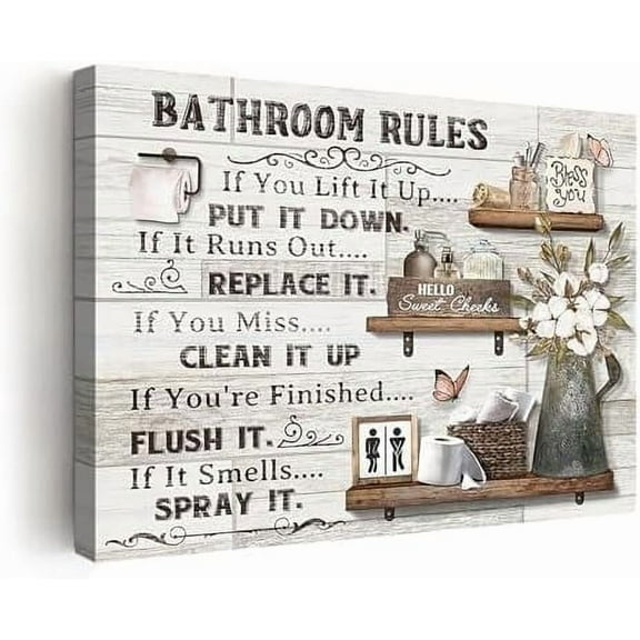 Farmhouse Bathroom Decor Wall Art Rustic Flower and Butterfly Bathroom Pictures Canvas Print Bathroom Wall Decor Country Bathroom Rules Bathroom Wall Art Framed Ready To Hang 12"x16"