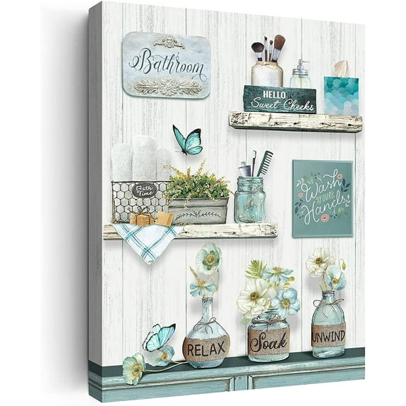 Farmhouse Bathroom Decor Wall Art Rustic Flower and Butterfly Bathroom Pictures Canvas Print Blue Country Bathroom Wall Decor Soak Relax Unwind Bathroom Wall Art Framed Ready To Hang