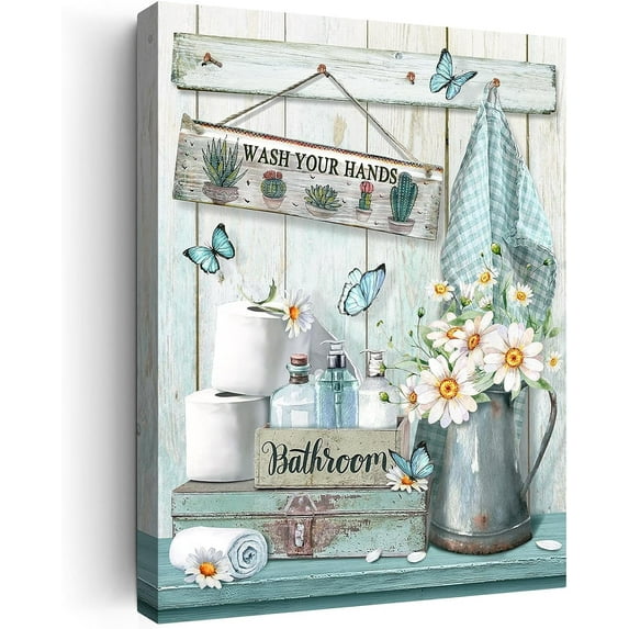 Farmhouse Bathroom Decor Wall Art Rustic Flower and Butterfly Bathroom Pictures Canvas Print Blue Country Bathroom Wall Decor Soak Relax Unwind Bathroom Wall Art Framed Ready To Hang