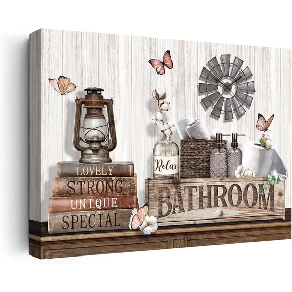 Farmhouse Bathroom Decor Wall Art Rustic Flower and Butterfly Bathroom Pictures Canvas Print Country Bathroom Wall Decor Relax Bathroom Wall Art Framed Ready To Hang 12"x16"