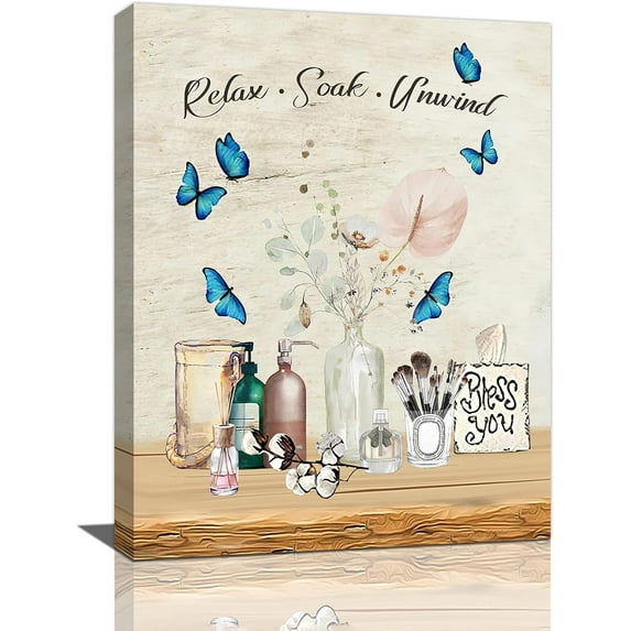 Farmhouse Bathroom Decor Wall Art Rustic Flower Butterfly Bathroom Pictures Canvas Print Country Bathroom Wall Decor Soak Relax Unwind Bathroom Sign Painting Framed Artwork For WC Laundry Toilet