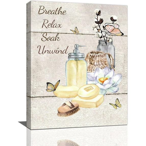 Farmhouse Bathroom Decor Wall Art Rustic Flower Butterfly Bathroom Pictures Canvas Print Country Bathroom Wall Decor Soak Relax Unwind Bathroom Sign Painting Framed Artwork For WC Laundry Toilet