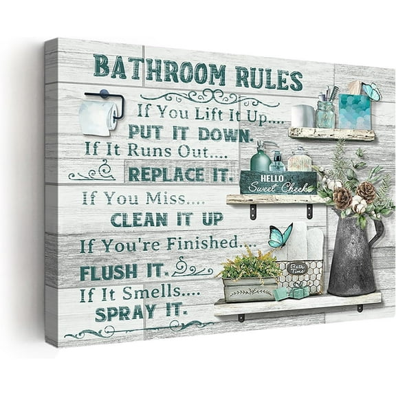 Farmhouse Bathroom Decor Wall Art Rustic Flower and Butterfly Bathroom Pictures Canvas Print Country Bathroom Wall Decor Teal Bathroom Rules Bathroom Wall Art Framed Ready To Hang 12"x16"