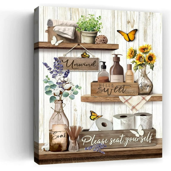 Farmhouse Bathroom Decor Wall Art Rustic Flower and Butterfly Bathroom Pictures Canvas Print Country Bathroom Wall Decor Unwind Bathroom Wall Art Framed Ready To Hang 12"x16"