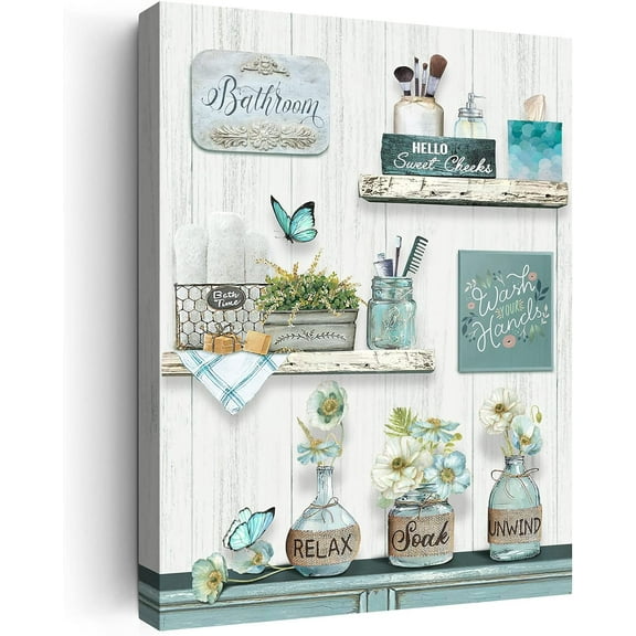 Farmhouse Bathroom Decor Wall Art Rustic Flower and Butterfly Bathroom Pictures Canvas Print Teal Country Bathroom Wall Decor Soak Relax Unwind Bathroom Wall Art Framed Ready To Hang 12"x16"