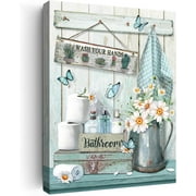 Farmhouse Bathroom Decor Wall Art Rustic Flower and Butterfly Bathroom Pictures Canvas Print Teal Country Bathroom Wall Decor Vintage Bathroom Wall Art Framed Ready To Hang 12"x16"