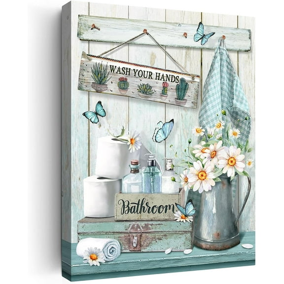 Farmhouse Bathroom Decor Wall Art Rustic Flower and Butterfly Bathroom Pictures Canvas Print Teal Country Bathroom Wall Decor Vintage Bathroom Wall Art Framed Ready To Hang 12"x16"