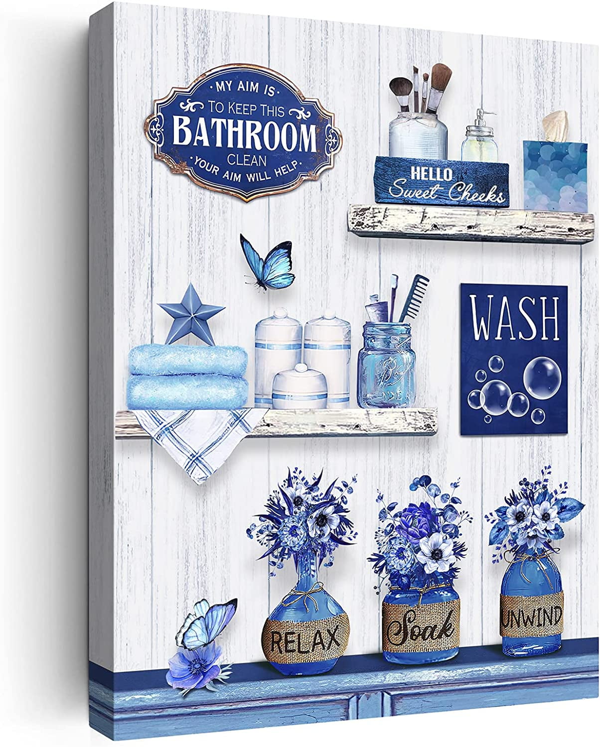 Farmhouse Bathroom Decor Wall Art Rustic Flower and Butterfly Bathroom