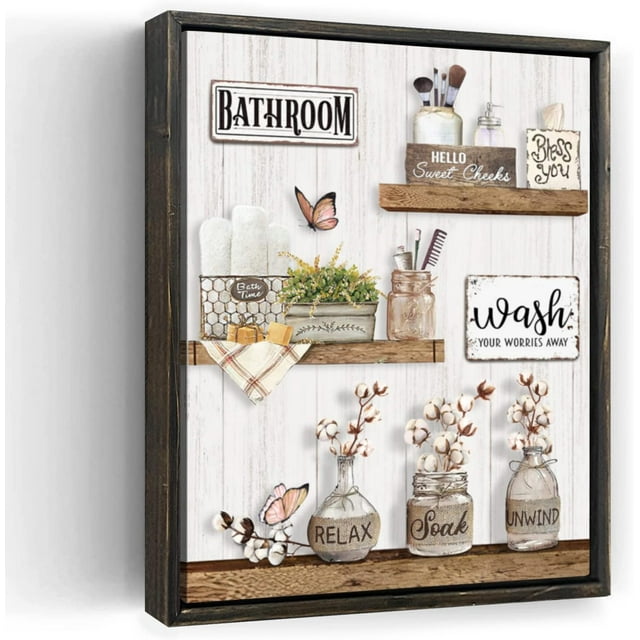 Farmhouse Bathroom Decor Wall Art Rustic Flower and Butterfly Bathroom