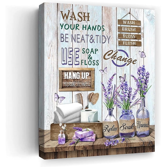 Farmhouse Bathroom Decor Wall Art Rustic Lavender and Butterfly Bathroom Pictures Canvas Print Artwork Country Bathroom Wall Decor Soak Relax Unwind Bathroom Wall Art Framed Ready To Hang 8"x10"