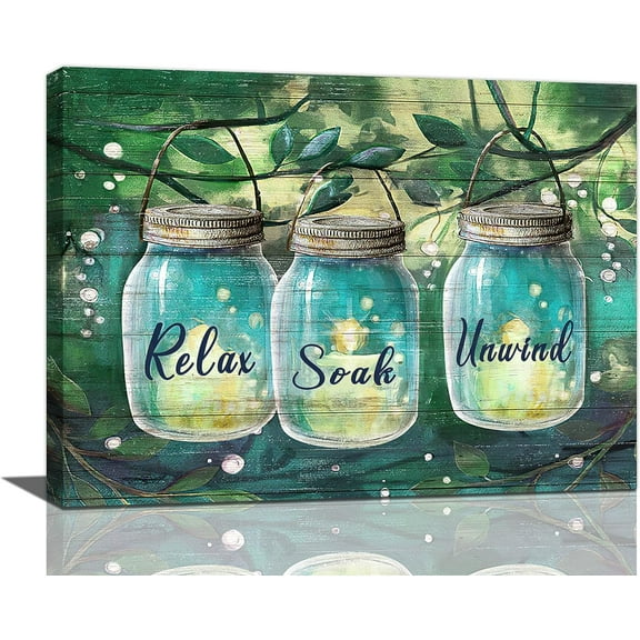 Farmhouse Bathroom Decor Wall Art Rustic Mason Jar Forest Firefly Green Leaf Tree Pictures Wall Decor Relax Soak Unwind Sign Canvas Painting Prints Artwork Decorations Framed for Bathroom 16"x12"