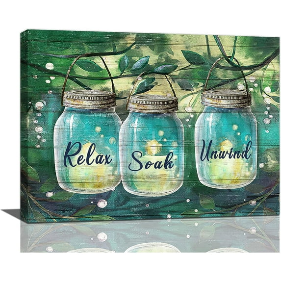 Farmhouse Bathroom Decor Wall Art Rustic Mason Jar Forest Firefly Green Leaf Tree Pictures Wall Decor Relax Soak Unwind Sign Canvas Painting Prints Artwork Decorations Framed for Bathroom 20"x16"