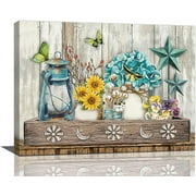 Farmhouse Bathroom Decor Wall Art Rustic Sunflower Hydrangea Butterfly Bathroom Pictures For Wall Country Canvas Print Artwork For Bathroom Living Room Kitchen Bedroom Framed 16"x12"