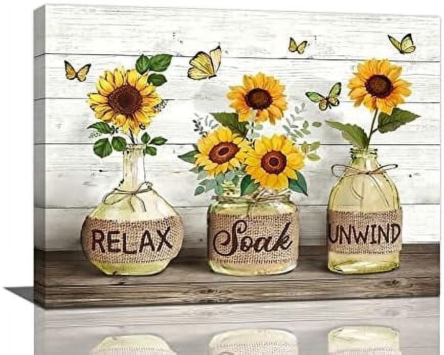 Farmhouse Bathroom Decor Wall Art Rustic Sunflower Pictures Canvas Print Country Painting Prints Framed Artwork for Living Room 8''x12''