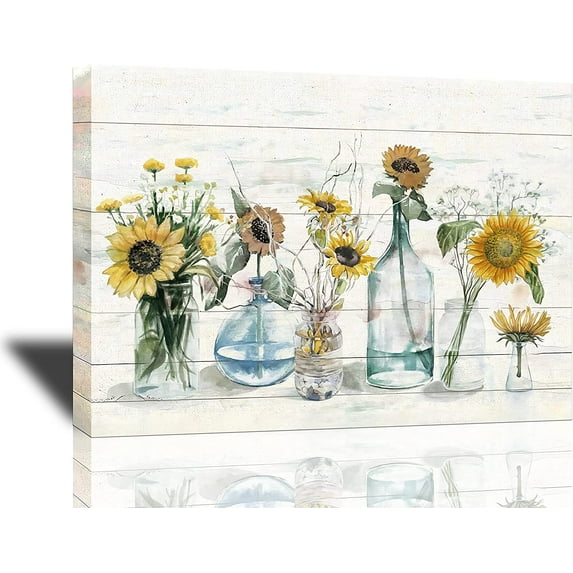 Farmhouse Bathroom Decor Wall Art Rustic Sunflowers Pictures Florals and Bottles Painting Country Flowers Canvas Prints Modern Home Framed Artwork 16"x12"