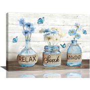 Farmhouse Bathroom Decor Wall Art Rustic White Daisy Flower Bathroom Pictures Canvas Print Country Bathroom Relax Soak Unwind Sign Artwork Aesthetic Home Decor for Bathroom Framed 8""x12""