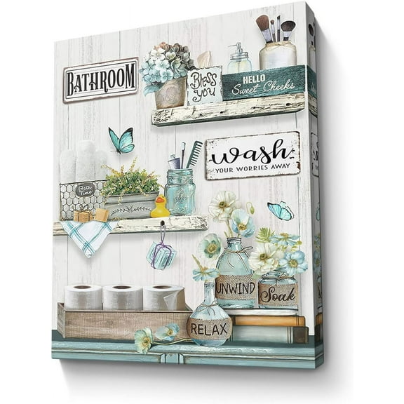 Farmhouse Bathroom Decor Wall Art Teal Flower Bathroom Rustic Picture Country Turquoise Wall Decor Painting Framed Modern Artwork for Bedroom Bathroom Office Home Decor 12x16 inch