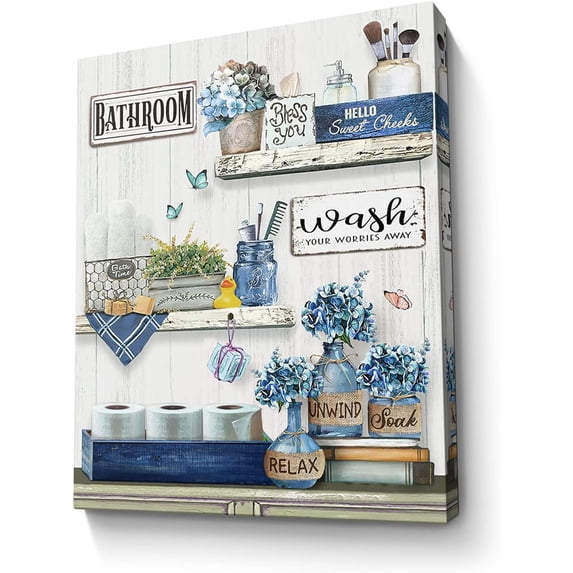 Farmhouse Bathroom Decor Wall Art Navy Blue Bathroom Rustic Picture Country Wall Decor Painting Framed Modern Artwork for Bedroom Bathroom Office Home Decor 12x16 inch