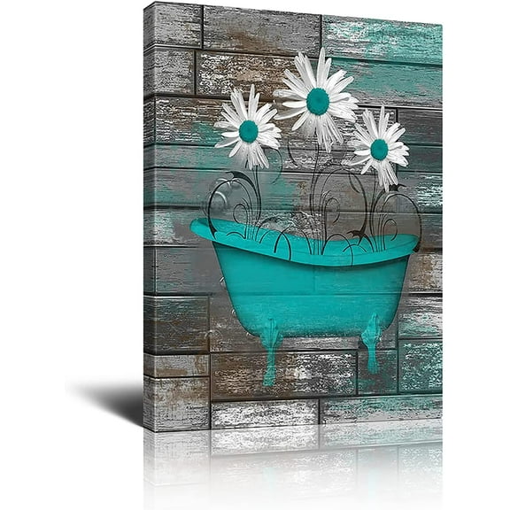 Farmhouse Bathroom Decor Wall Teal Daisy Quotes Pictures Toilet Art Turquoise Artwork Framed Modern Home Wall Decor For Bathroom Rustic Wall Art Canvas Prints 12x16 Inch