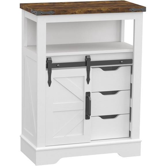 Farmhouse Bathroom Floor Cabinet, Sliding Barn 3 Drawers & 1 Door Freestanding Small Storage Cabinet for Bathroom, Kitchen (White)