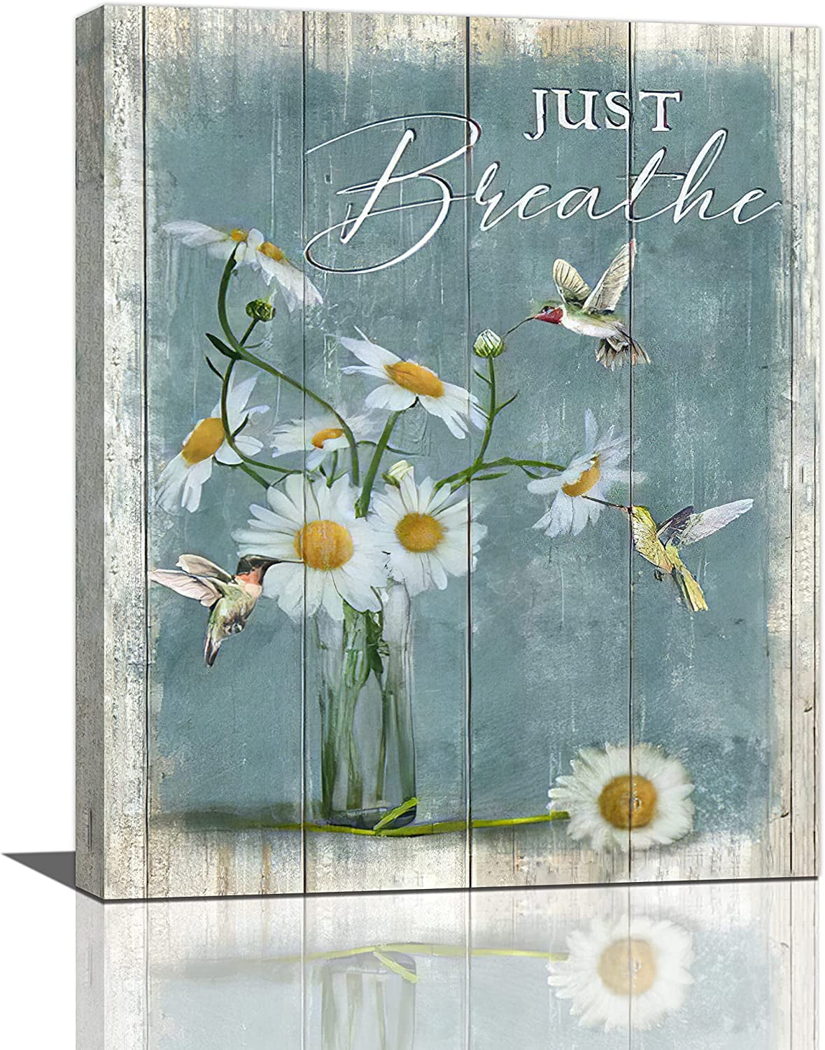Farmhouse Bathroom Floral Wall Art Rustic Daisy Hummingbird Teal