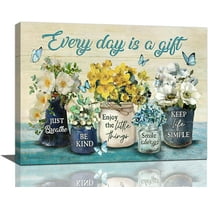 Farmhouse Bathroom Flower Decor Wall Art Every Day is A Gift Butterfly Floral Inspirational Quotes Pictures Wall Decor Canvas Painting Prints Artwork Home Decorations Framed for Bedroom 16"x12"