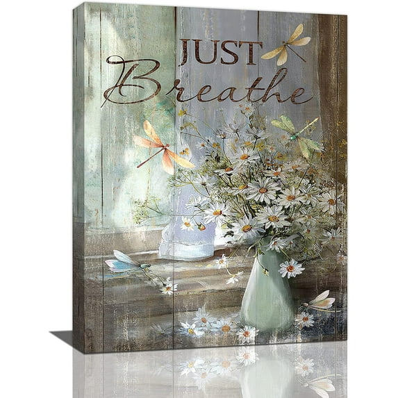 Farmhouse Bathroom Flowers Daisy Wall Art Dragonfly Floral Pictures Wall Decor Just Breathe Canvas Painting Print Artwork Modern Home Decor Framed for Living Room Bedroom Bathroom12inX16in