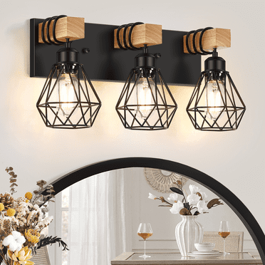 Farmhouse Bathroom Light Fixtures 3-Light Vanity Lighting with Cage Shade Industrial Wall Mount Sconces for Mirror Cabinet Dressing Table Living Room Hallway