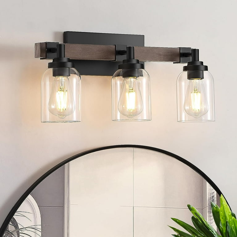 Farmhouse Bathroom Light Fixtures 3 Lights Wood Grain Rustic Black Bathroom Vanity Light Over Mirror with Clear Glass Shade