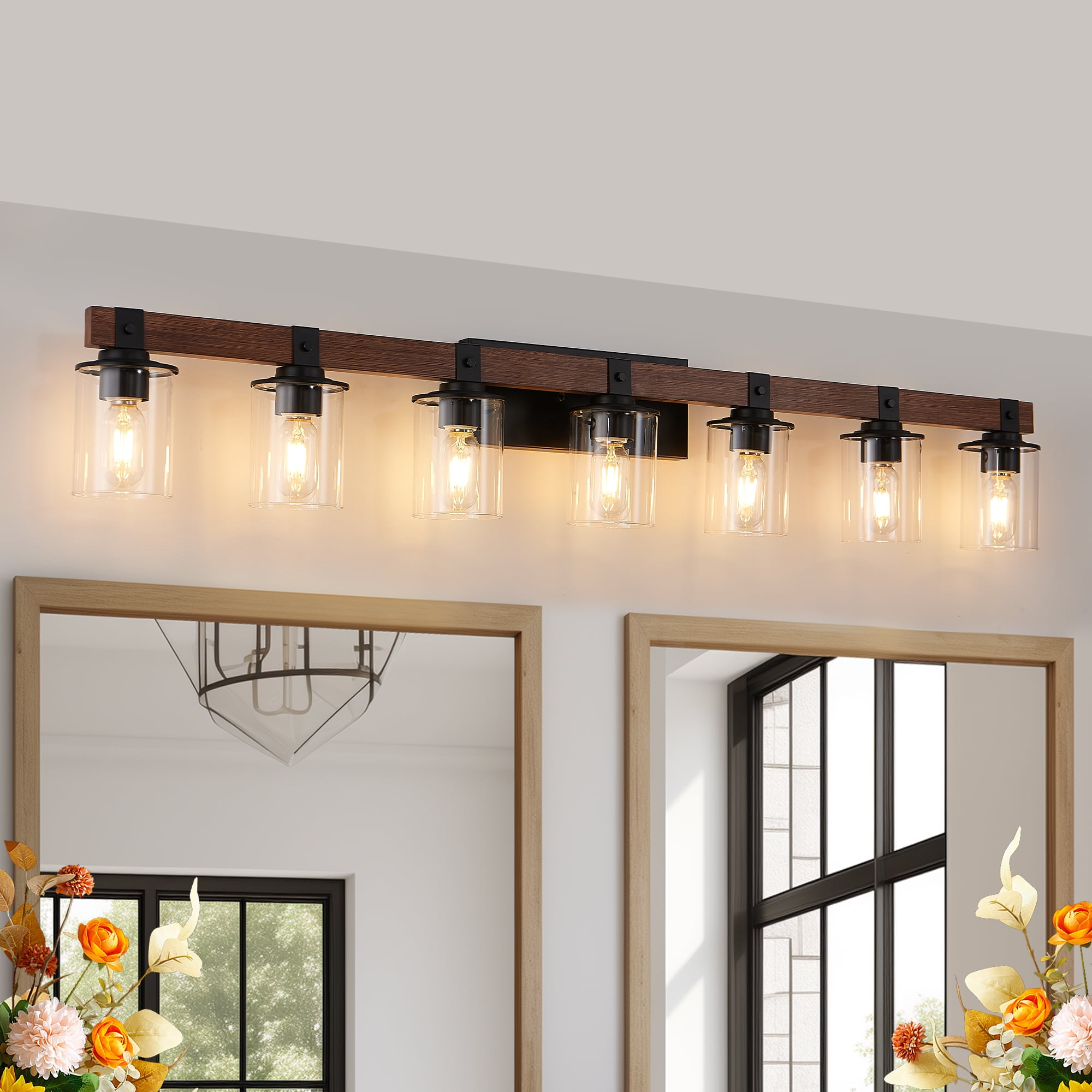 Farmhouse Bathroom Light Fixtures Over Mirror, Classic Wood Vanity with Clear Glass Shade,7-Light Black 50 in Wall Sconce for Bathroom, Bedroom