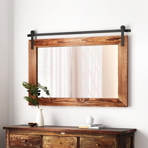 Farmhouse Bathroom Mirror - 41" x 30" Rustic Barn Door Mirror for Living Room, Entryway, Bedroom, Vanity Wall Decor (Brown)