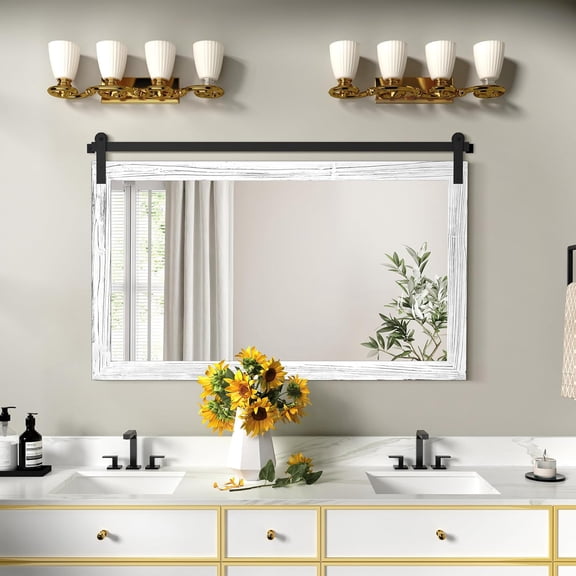 Farmhouse Bathroom Mirror - 45 x 30 Large Rectangle Barn Door Mirror for Vanity, Bedroom, Living Room Wall Decor (White)