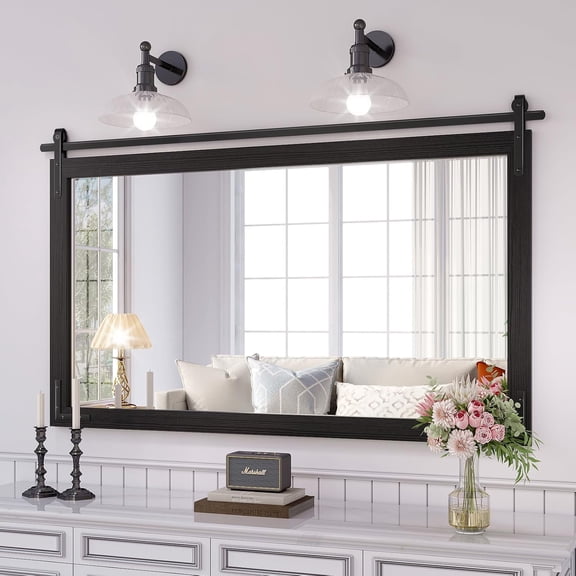 Farmhouse Bathroom Mirror, 48x30 Inch Black Wood Framed Rustic Vanity Mirrors for Wall, Large Rectangular Wall Decor Mirrors for Bedroom Living Room Entryway