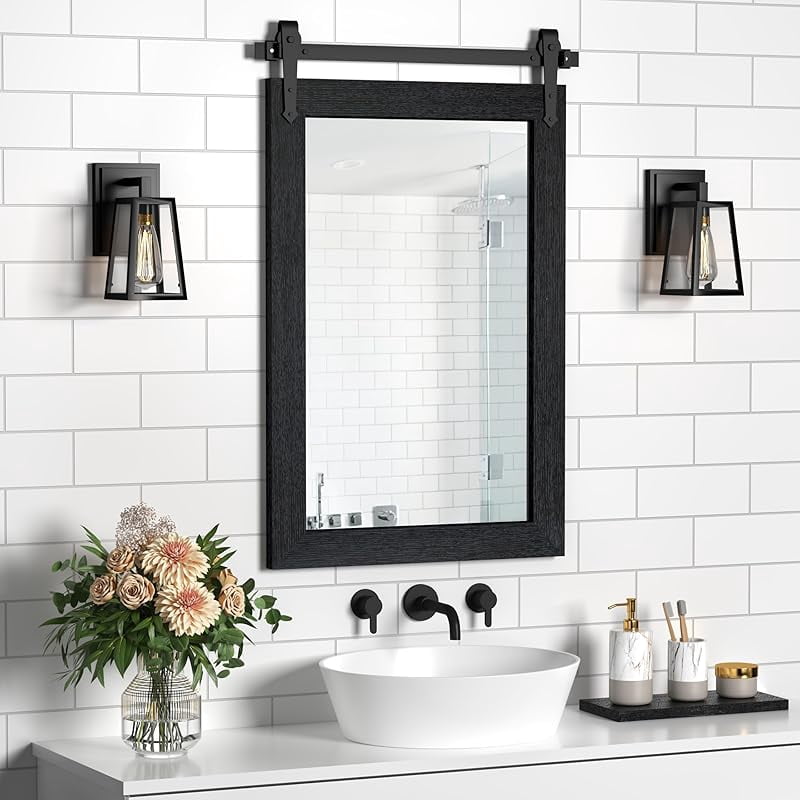 MY Farmhouse Bathroom Mirror for Over Sink 22”x32” Black, Rustic ...