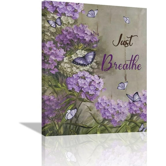 Farmhouse Bathroom Purple Floral Wall Art Country Rustic Hydrangea Flower Pictures Wall Decor Just Breathe Butterfly Canvas Prints Painting Framed Artwork for Living Room Bedroom 12"x16"